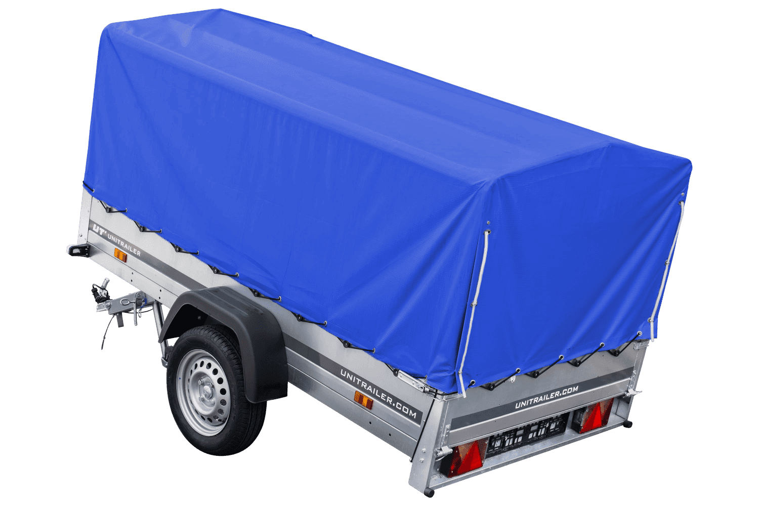 Auto Anhänger 230×125 Garden Trailer 230 KIPP Unitrailer 750 kg mit Stützrad, blauer Hochplane und Hochspriegel-Neu – Bild 2