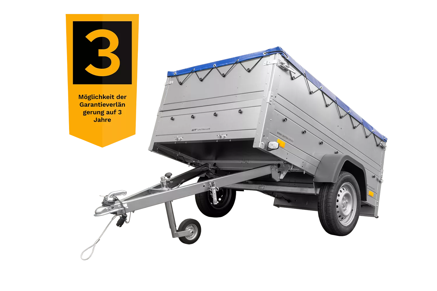 Kfz Anhänger 750 kg Garden Trailer 201 KIPP mit zusätzlichen Bordwänden, Stützrad und blauer Flachplane-Neu – Bild 6