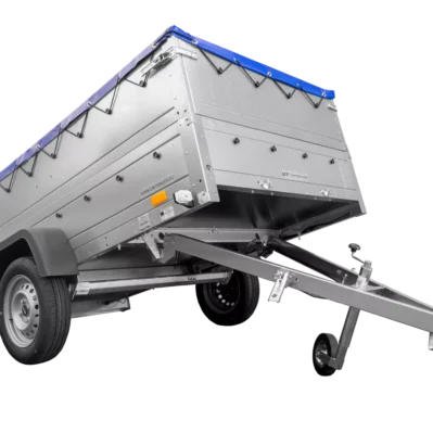 Anhänger mit faltbarer Deichsel Garden Trailer 230 KIPP mit zusätzlichen Bordwänden, Stützrad und blauer Flachplane-Neu