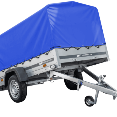 Auto Anhänger 230×125 Garden Trailer 230 KIPP Unitrailer 750 kg mit Stützrad, blauer Hochplane und Hochspriegel-Neu