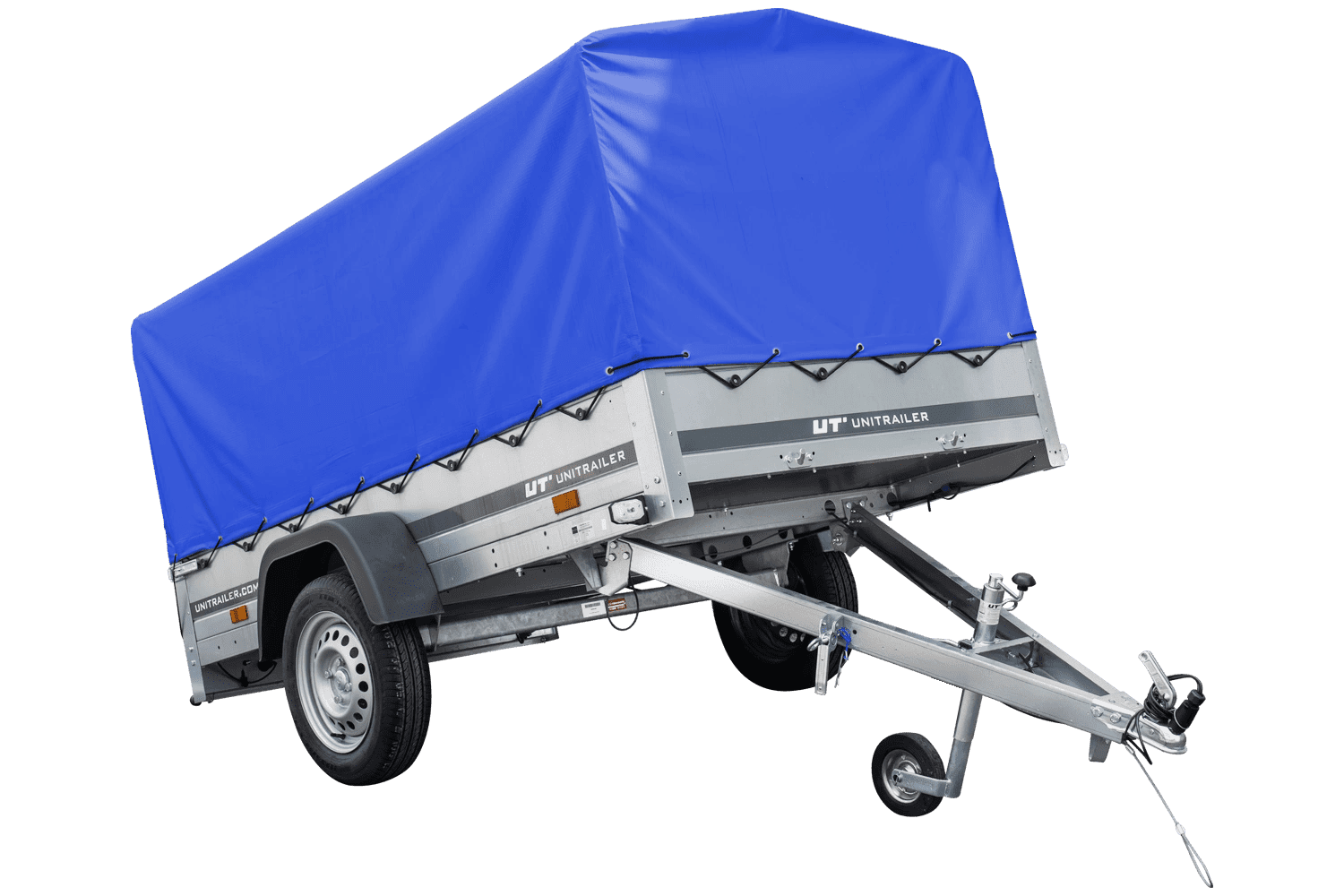Auto Anhänger 230×125 Garden Trailer 230 KIPP Unitrailer 750 kg mit Stützrad, blauer Hochplane und Hochspriegel-Neu