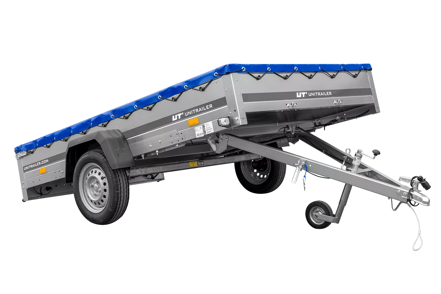 Einachsanhänger 264×150 UNITRAILER GARDEN 265 KIPP mit einem Flachplanenträger und blauer Plane-Neu